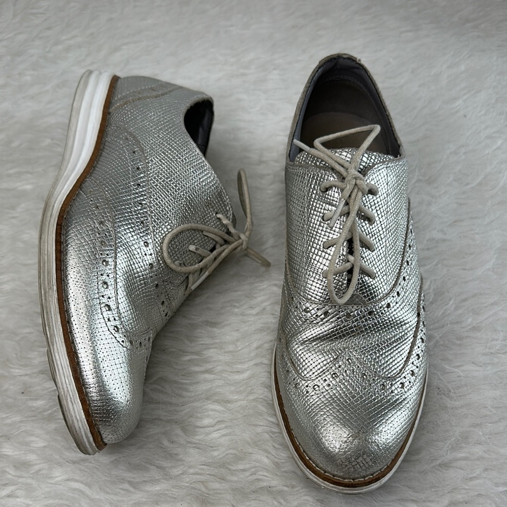 Womens Cole Haan Lunargrand Silver Leather Wingtip Brogue Shoes Sneakers 7B